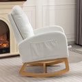 Modern Accent Rocking Chair with Pull - Out Footrest, Nursery Glider Chair with Solid Wood Legs & Side Pocket, Upholstered Lounge Chair with High Backrest, White