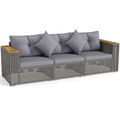 86.5" 3-Seat Patio Wicker Sofa, 3PCS Modular PE Rattan Sectional Furniture Set with Cup Holders & Wood Armrests, Outdoor Couch for Garden Yard