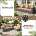 86.5" 3-Seat Patio Wicker Sofa, 3PCS Modular PE Rattan Sectional Furniture Set with Cup Holders & Wood Armrests, Outdoor Couch for Garden Yard