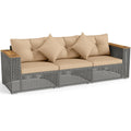86.5" 3-Seat Patio Wicker Sofa, 3PCS Modular PE Rattan Sectional Furniture Set with Cup Holders & Wood Armrests, Outdoor Couch for Garden Yard