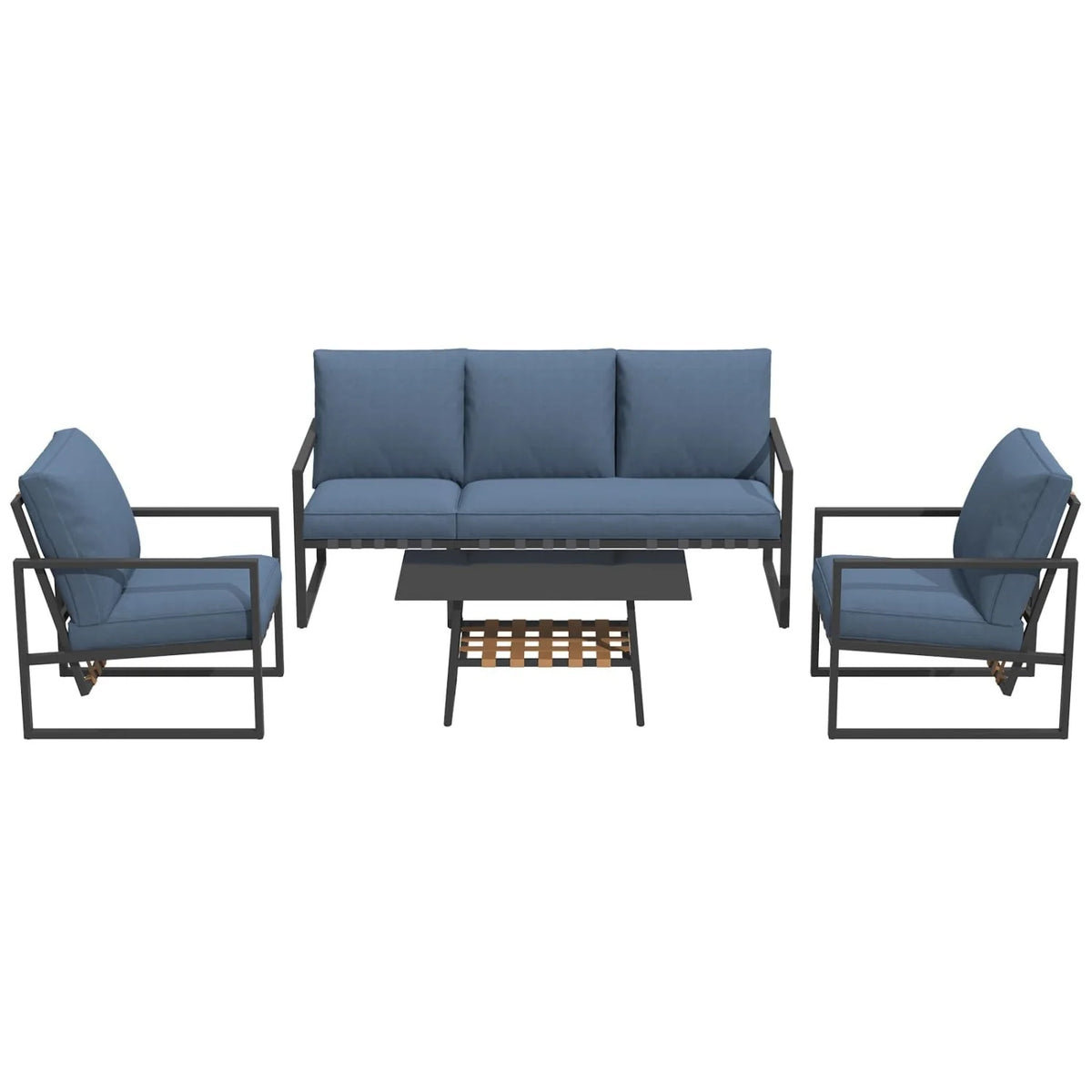 AECOJOY 4-Piece Outdoor Garden Furniture Set, 3-Seater Sofa & 2 Armchairs with Glass Coffee Table, Dark Blue
