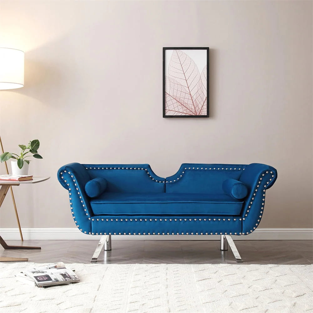 Mid Century Couch, 61 in Velvet Loveseat with 2 Pillows, Upholstered Sofa with Nailhead Trim and Roll Arm for Living Room Bedroom, 400 lb Weight Capacity, Blue