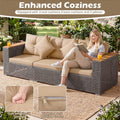 86.5" 3-Seat Patio Wicker Sofa, 3PCS Modular PE Rattan Sectional Furniture Set with Cup Holders & Wood Armrests, Outdoor Couch for Garden Yard