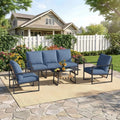AECOJOY 4-Piece Outdoor Garden Furniture Set, 3-Seater Sofa & 2 Armchairs with Glass Coffee Table, Dark Blue