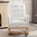 Modern Accent Rocking Chair with Pull - Out Footrest, Nursery Glider Chair with Solid Wood Legs & Side Pocket, Upholstered Lounge Chair with High Backrest, White