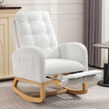 Modern Accent Rocking Chair with Pull - Out Footrest, Nursery Glider Chair with Solid Wood Legs & Side Pocket, Upholstered Lounge Chair with High Backrest, White