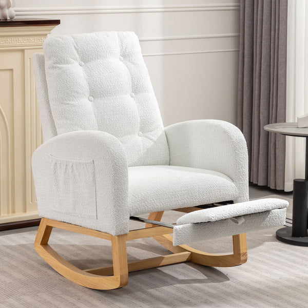 Modern Accent Rocking Chair with Pull - Out Footrest, Nursery Glider Chair with Solid Wood Legs & Side Pocket, Upholstered Lounge Chair with High Backrest, White
