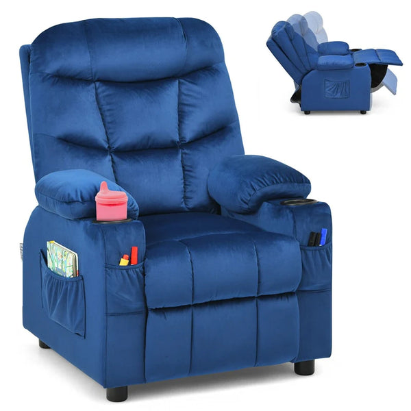 Kids Recliner Chair Adjustable Velvet Lounge Sofa with Cup Holders, 3 Pockets, Retractable Footrest, Toddler Furniture Sofa for Boys Girls Room
